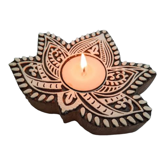 Lotus Shape Wooden Tea Light Holder Set of 2