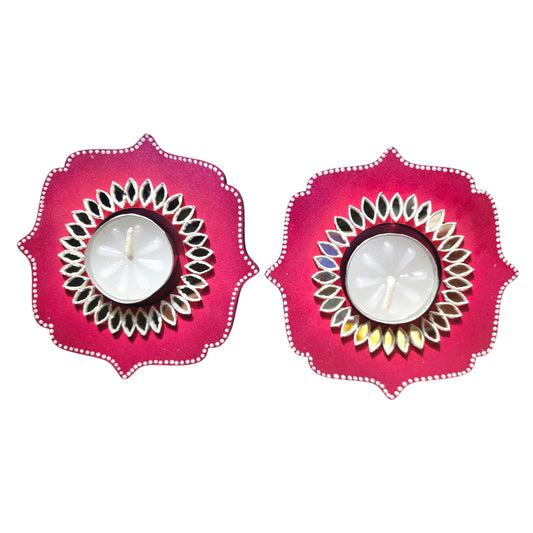 Wooden Mirror Work Tea Light Holder / Diya