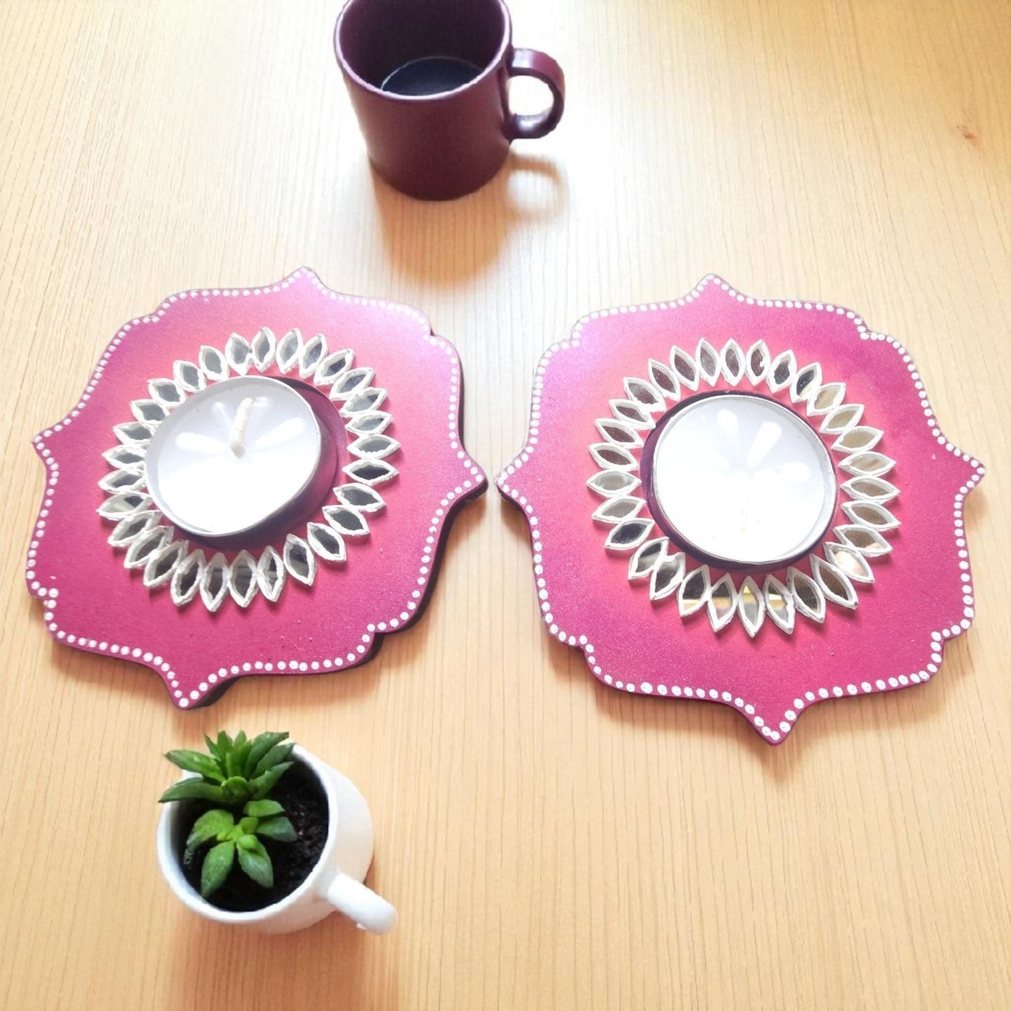 Wooden Mirror Work Tea Light Holder / Diya