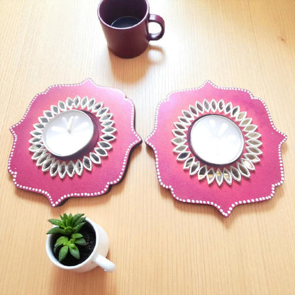 Wooden Mirror Work Tea Light Holder / Diya